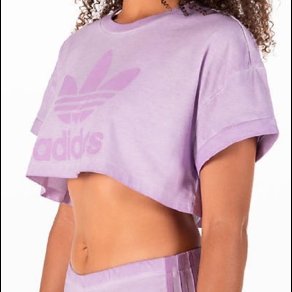 Adidas Purple Glow Trefoil Crop Top Oversize Tee - Picture 1 of 16
